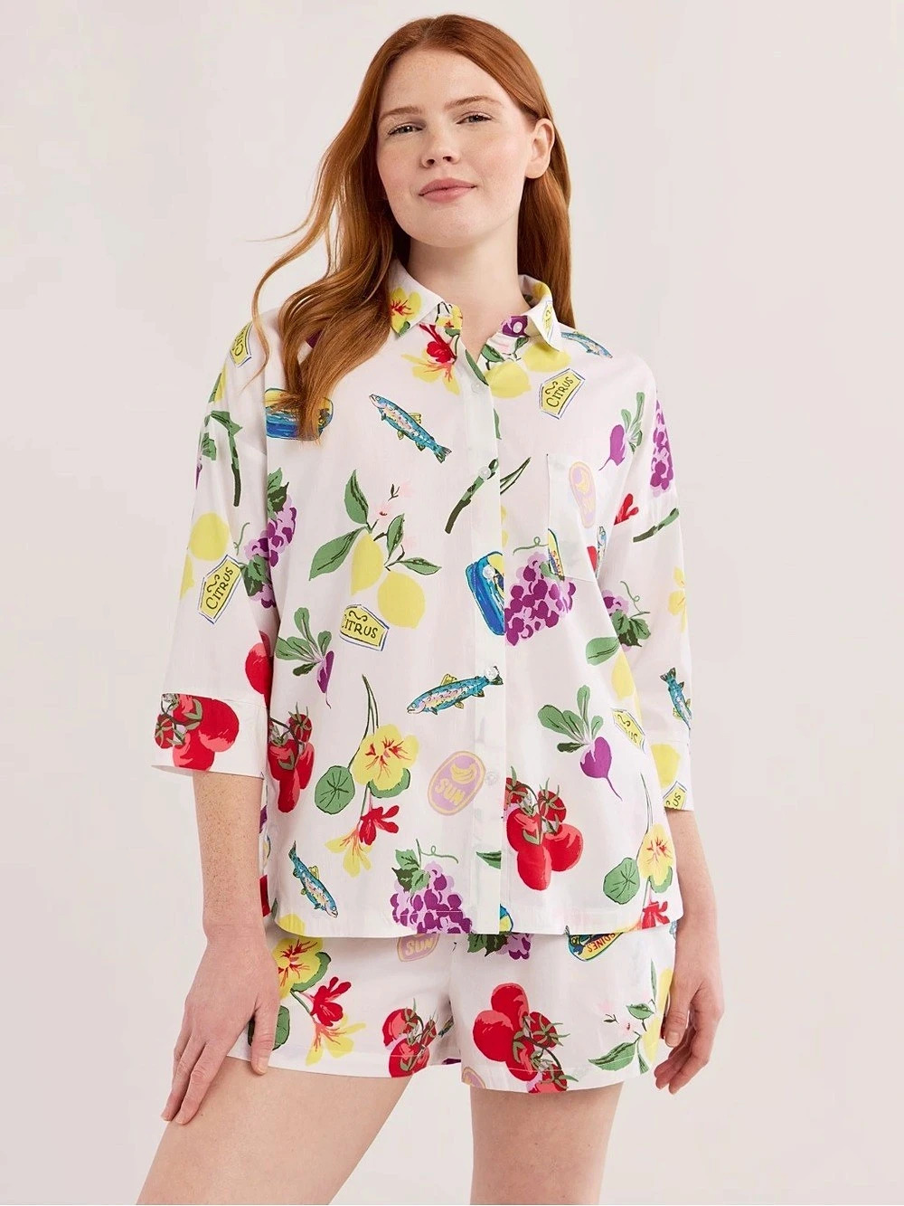 Joyspun Women's Woven 3/4 Sleeve Notch Collar Top and Boxer Shorts Pajama Set